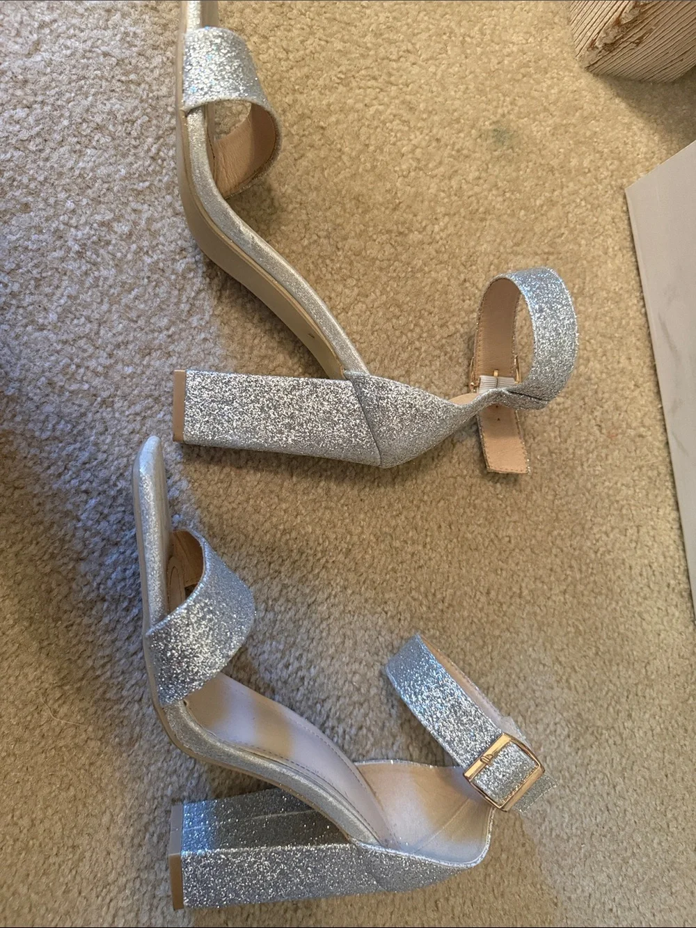 Steve Madden Silver Glitter Block Heel Sandals with Ankle Buckle